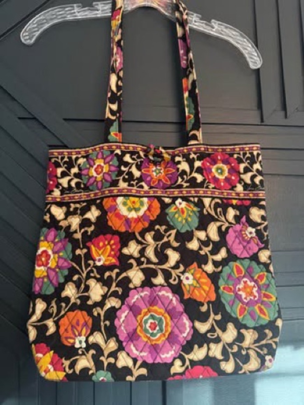 Vera Bradley Black Quilted Tote with Multicolor Floral Embroidery
